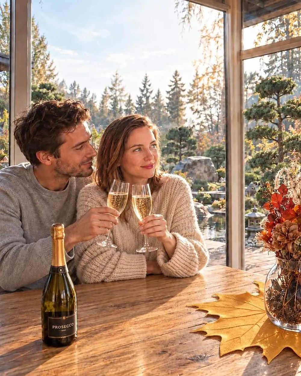 Pár si připíjí proseccem u stolu s výhledem do zahrady